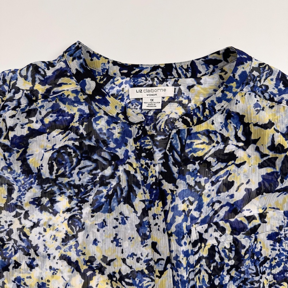 Liz Claiborne Womens 1X Blue Yellow Floral Print Long Sleeve Blouse Tunic - Picture 2 of 10